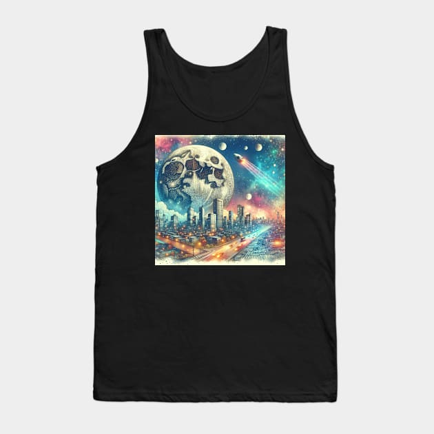 Surreal Collage Art City Moon Spaceship Drawing Tank Top by Dezinesbyem Designs